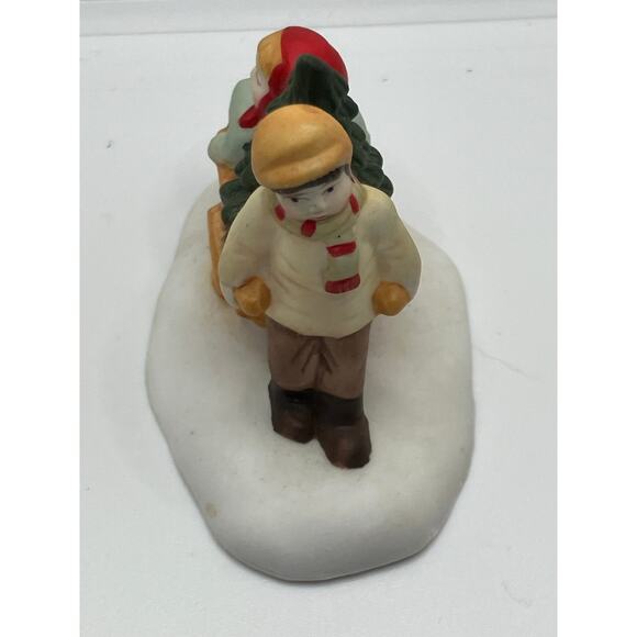 Christmas Village Figures Children Carrying Christmas Tree Wheelbarrow Boy Girl - Picture 2 of 6